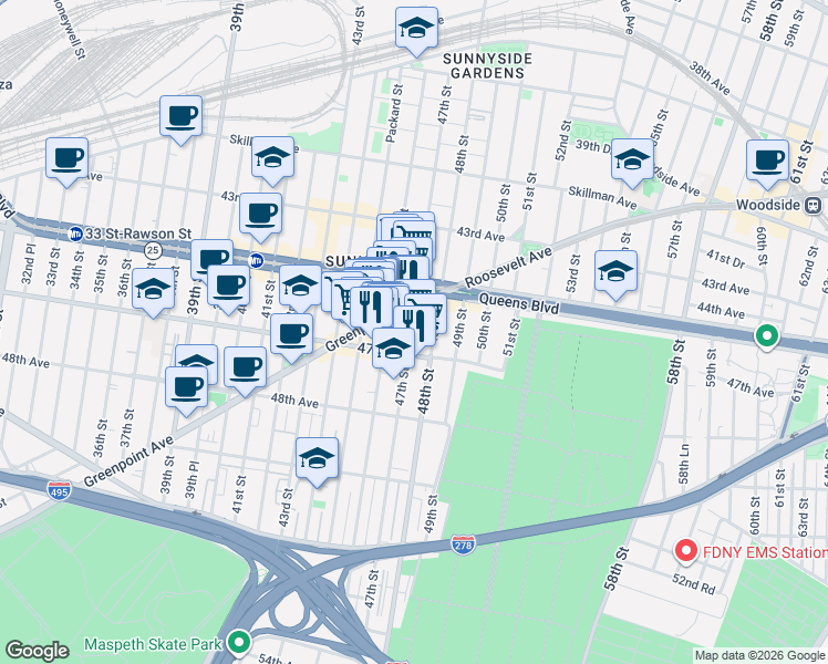 map of restaurants, bars, coffee shops, grocery stores, and more near 4529 47th Street in Queens