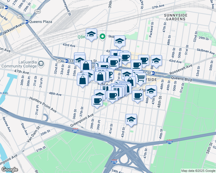 map of restaurants, bars, coffee shops, grocery stores, and more near 40-04 47th Avenue in Queens