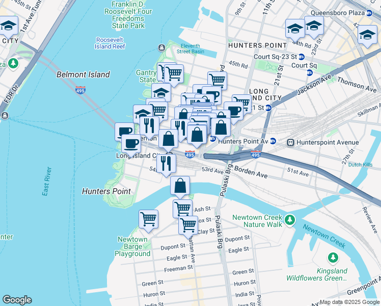 map of restaurants, bars, coffee shops, grocery stores, and more near 404 Borden Avenue in Queens
