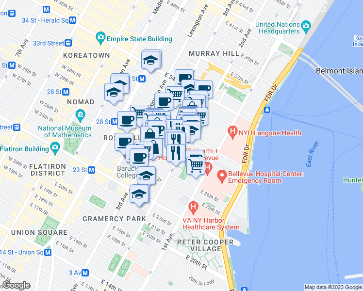 map of restaurants, bars, coffee shops, grocery stores, and more near in New York