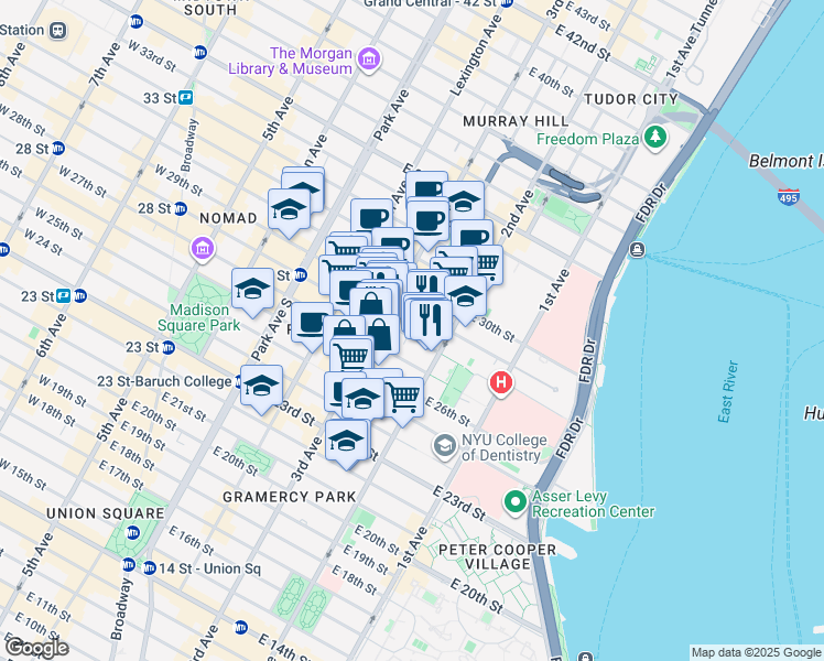 map of restaurants, bars, coffee shops, grocery stores, and more near 216 East 28th Street in New York