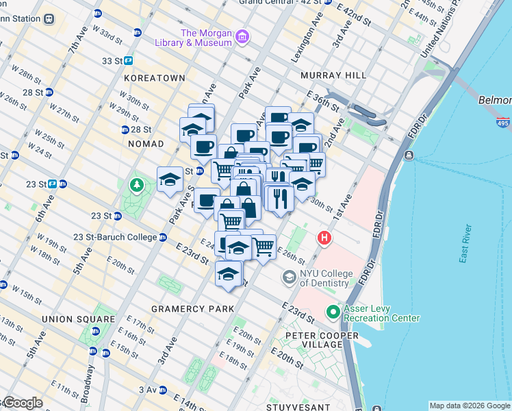 map of restaurants, bars, coffee shops, grocery stores, and more near 216 East 28th Street in New York