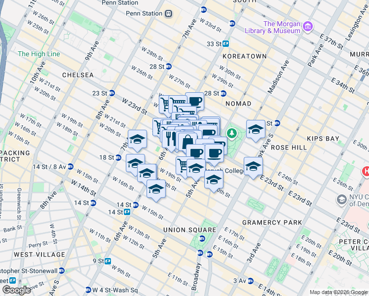 map of restaurants, bars, coffee shops, grocery stores, and more near 32 West 22nd Street in New York