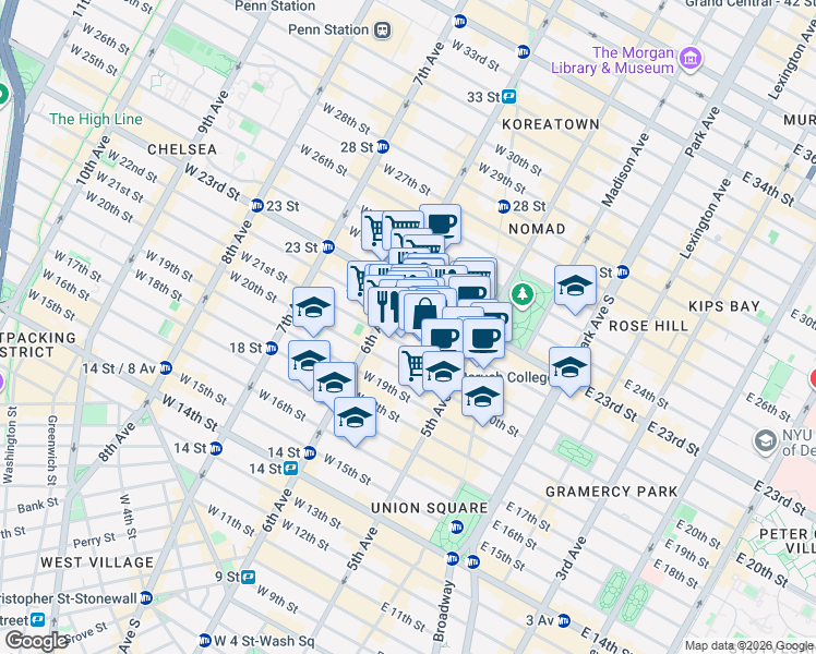 map of restaurants, bars, coffee shops, grocery stores, and more near 32 West 22nd Street in New York