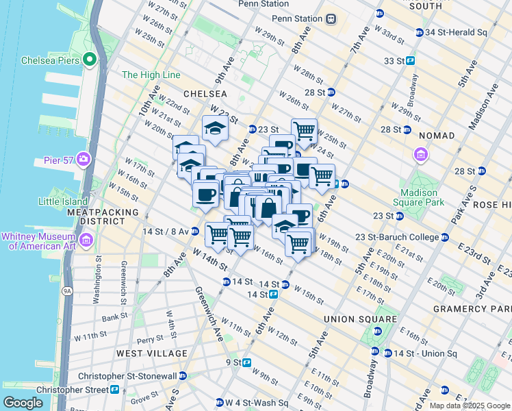 map of restaurants, bars, coffee shops, grocery stores, and more near in New York