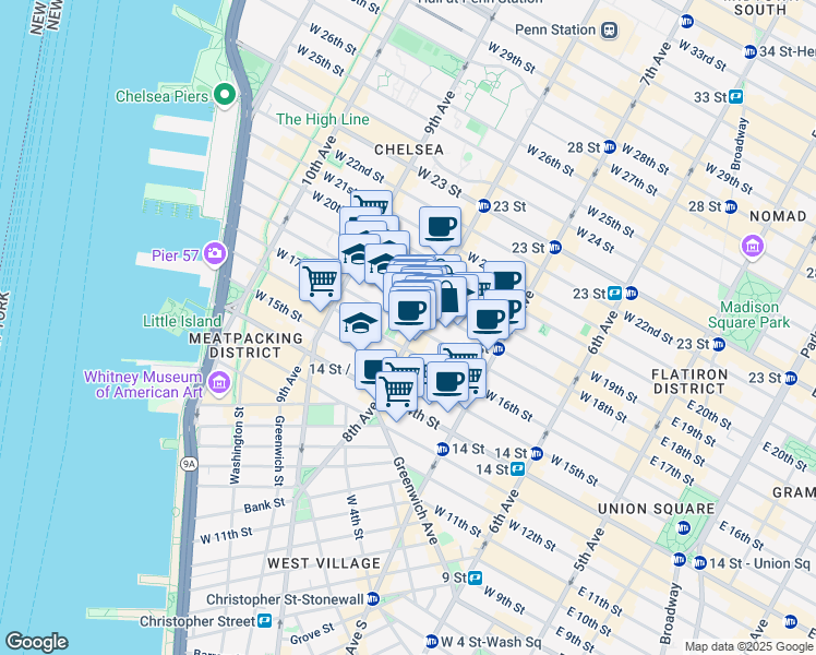 map of restaurants, bars, coffee shops, grocery stores, and more near 128 8th Avenue in New York