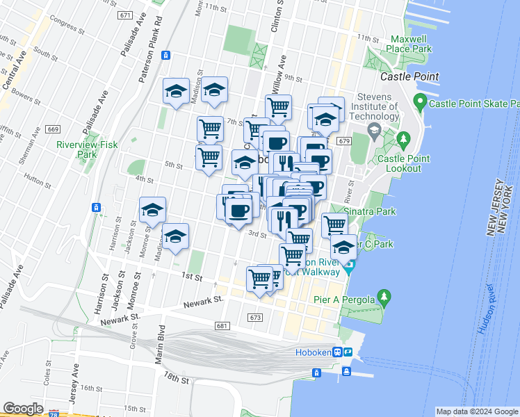 map of restaurants, bars, coffee shops, grocery stores, and more near 336 Park Avenue in Hoboken