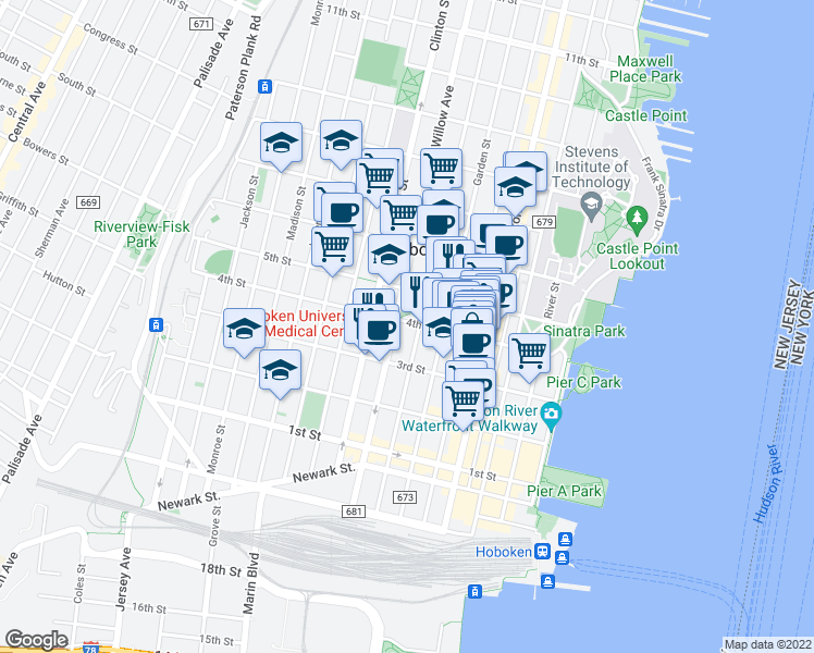 map of restaurants, bars, coffee shops, grocery stores, and more near 336 Park Avenue in Hoboken