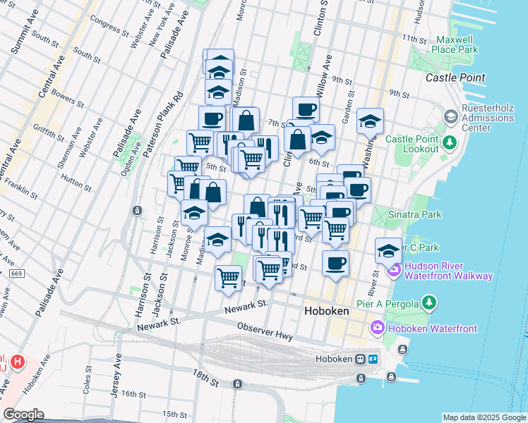 map of restaurants, bars, coffee shops, grocery stores, and more near in Hoboken