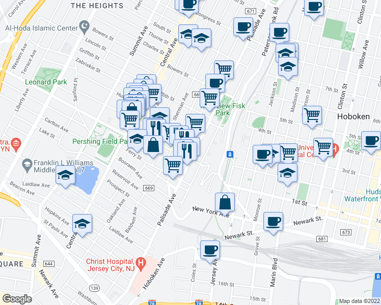 map of restaurants, bars, coffee shops, grocery stores, and more near 398 Palisade Avenue in Jersey City