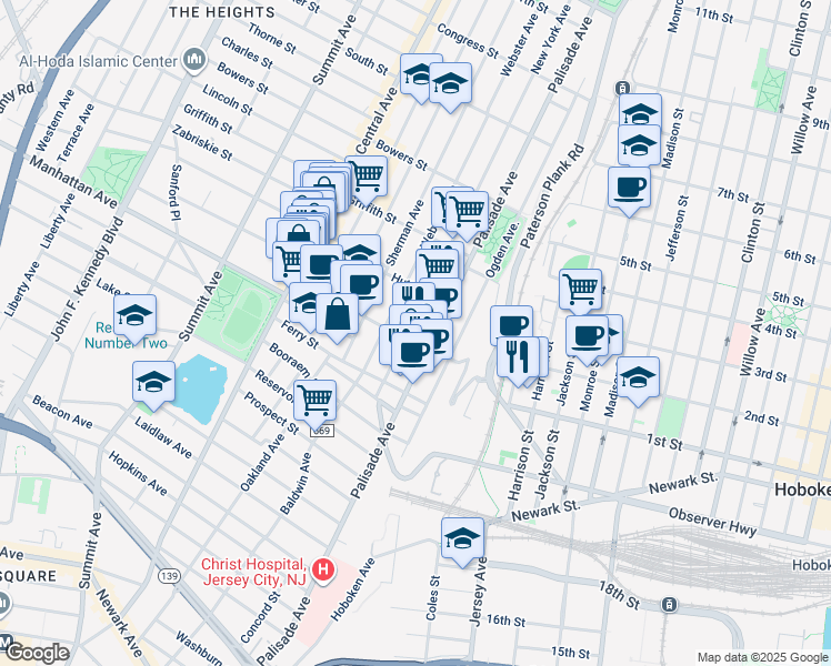 map of restaurants, bars, coffee shops, grocery stores, and more near 398 Palisade Avenue in Jersey City