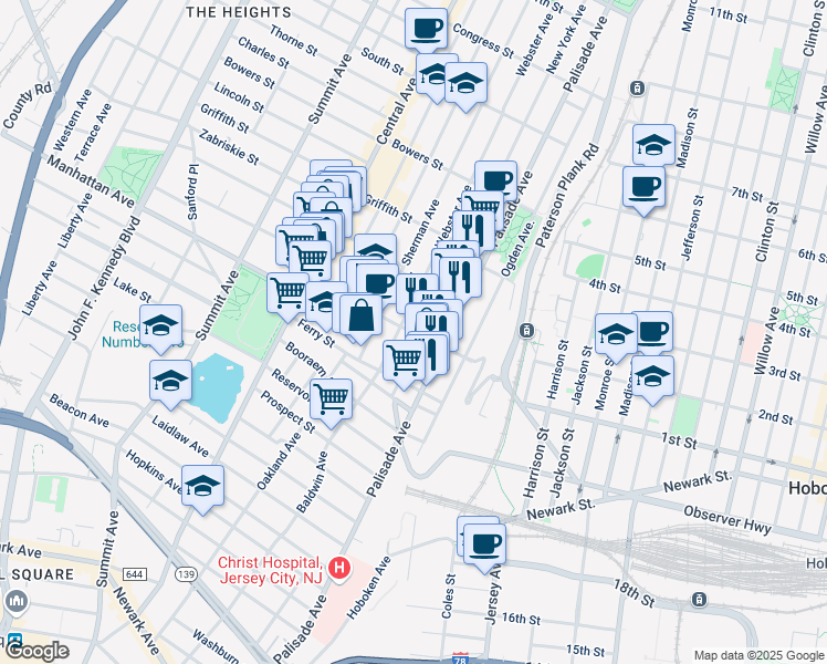 map of restaurants, bars, coffee shops, grocery stores, and more near 63 Franklin Street in Jersey City
