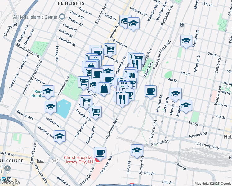 map of restaurants, bars, coffee shops, grocery stores, and more near 63 Franklin Street in Jersey City