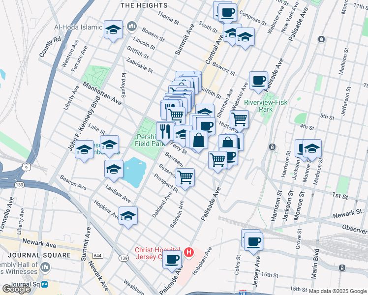 map of restaurants, bars, coffee shops, grocery stores, and more near 100 Ferry Street in Jersey City