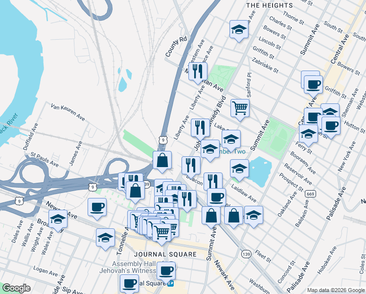 map of restaurants, bars, coffee shops, grocery stores, and more near 3181 John F. Kennedy Boulevard in North Bergen