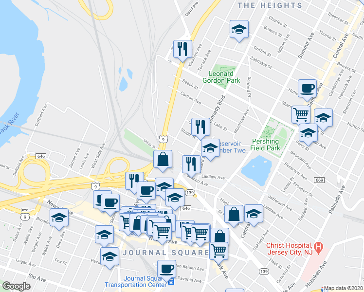 map of restaurants, bars, coffee shops, grocery stores, and more near 3181 John F. Kennedy Boulevard in North Bergen