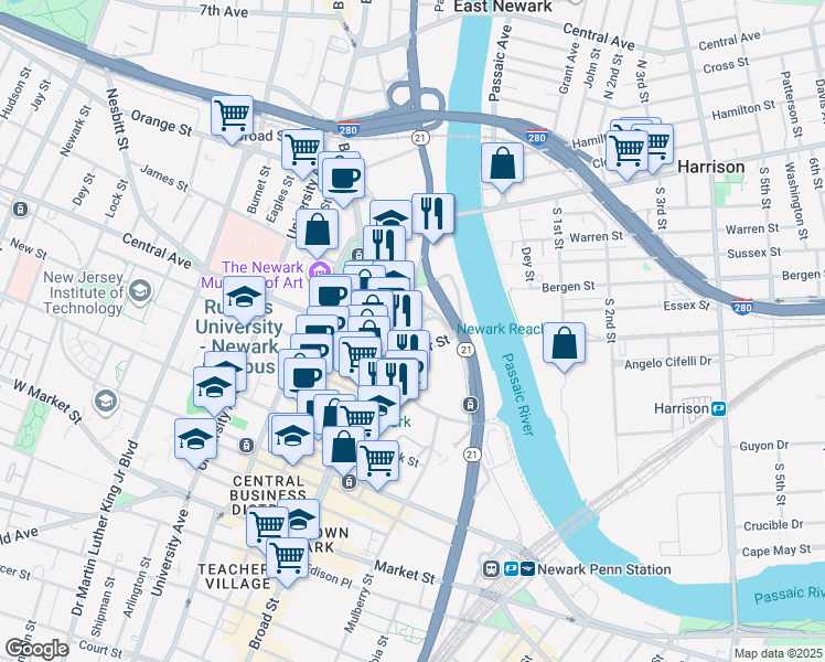map of restaurants, bars, coffee shops, grocery stores, and more near 27 Rector Street in Newark