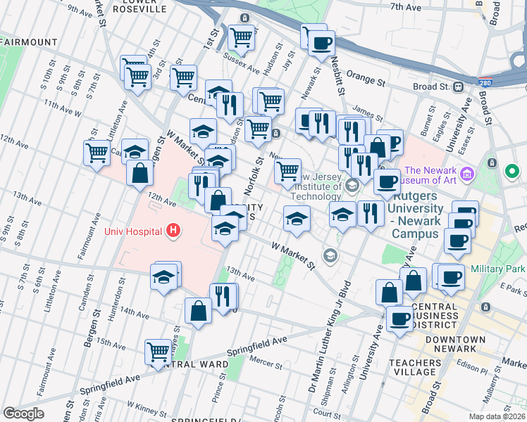 map of restaurants, bars, coffee shops, grocery stores, and more near 51 Marrow Street in Newark