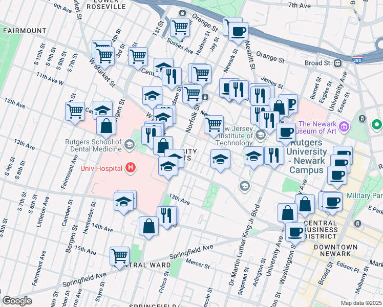 map of restaurants, bars, coffee shops, grocery stores, and more near 51 Marrow Street in Newark
