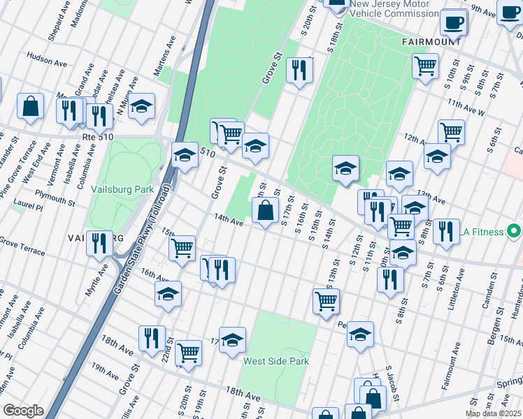 map of restaurants, bars, coffee shops, grocery stores, and more near 445 South 18th Street in Newark