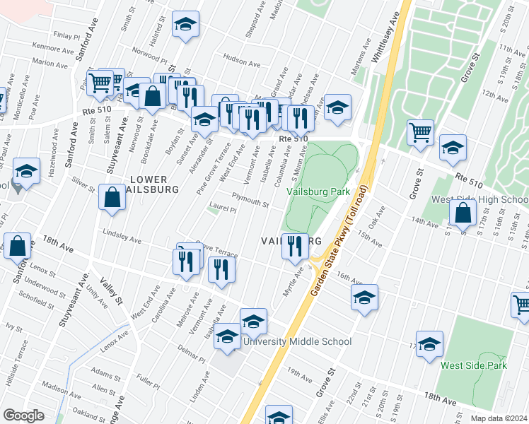 map of restaurants, bars, coffee shops, grocery stores, and more near 100 Columbia Avenue in Newark