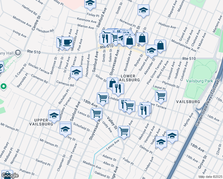 map of restaurants, bars, coffee shops, grocery stores, and more near 133 Stuyvesant Avenue in Newark