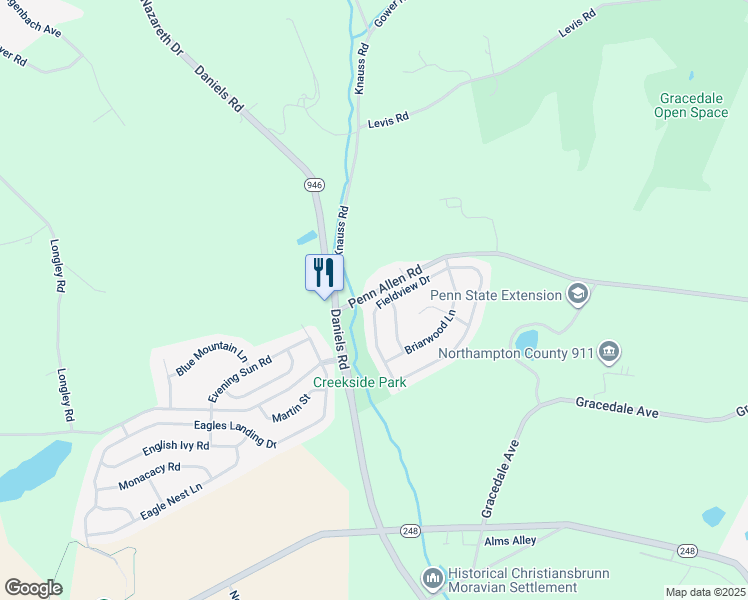 map of restaurants, bars, coffee shops, grocery stores, and more near 2061 Fieldview Drive in Nazareth