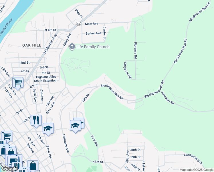 map of restaurants, bars, coffee shops, grocery stores, and more near 476 Blockhouse Run Road in New Brighton