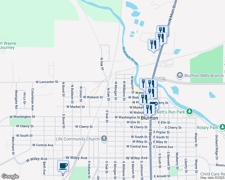 map of restaurants, bars, coffee shops, grocery stores, and more near 218 North Oak Street in Bluffton