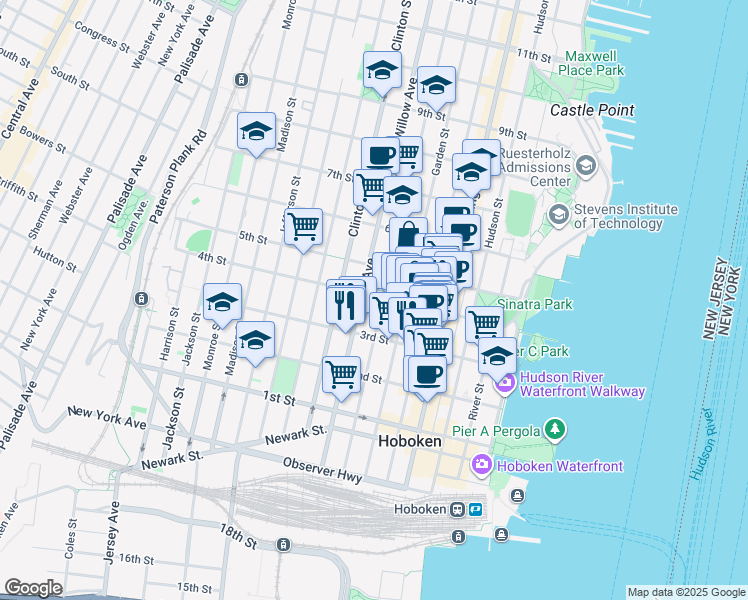map of restaurants, bars, coffee shops, grocery stores, and more near 336 Park Avenue in Hoboken