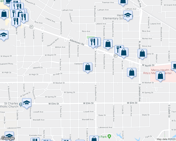 map of restaurants, bars, coffee shops, grocery stores, and more near 1534 West High Street in Lima