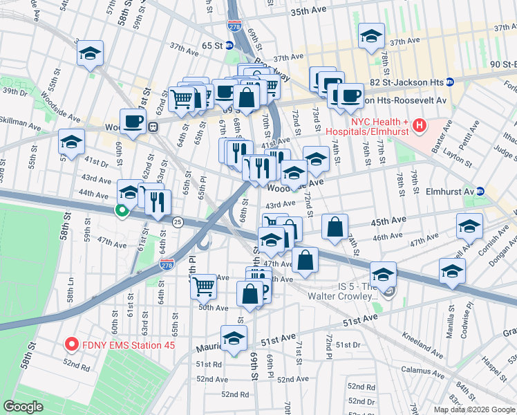 map of restaurants, bars, coffee shops, grocery stores, and more near 69th Street & 43rd Avenue in Queens