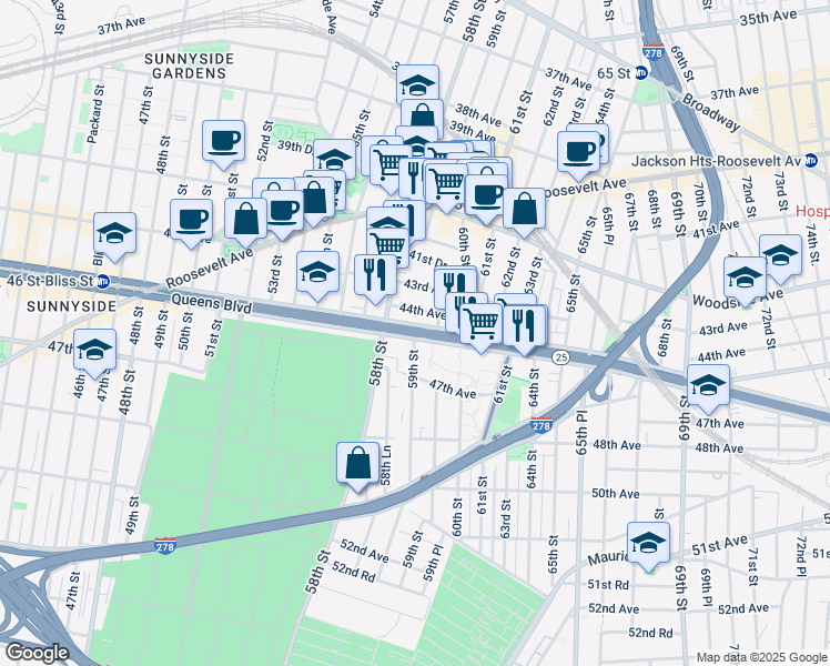 map of restaurants, bars, coffee shops, grocery stores, and more near in Queens