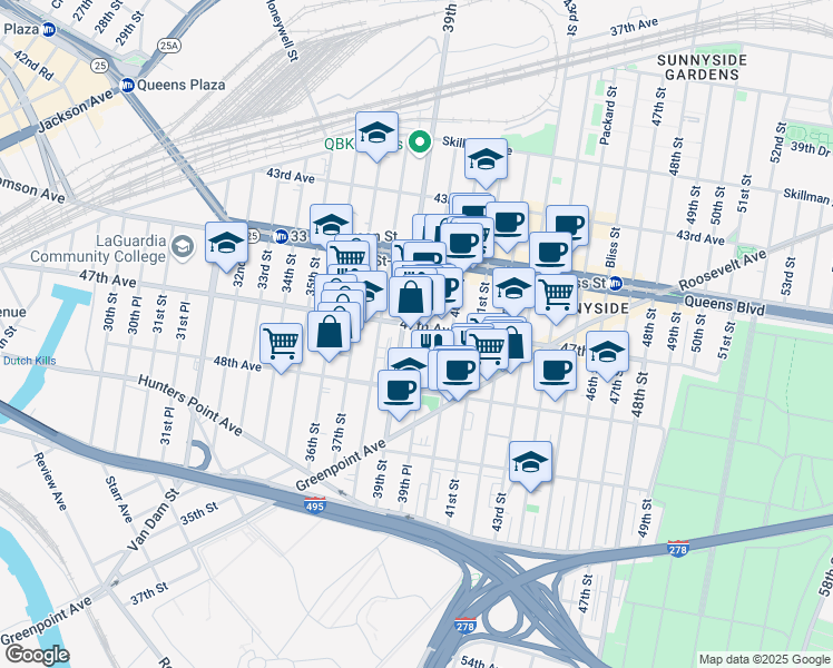 map of restaurants, bars, coffee shops, grocery stores, and more near 39-12 47th Avenue in Queens