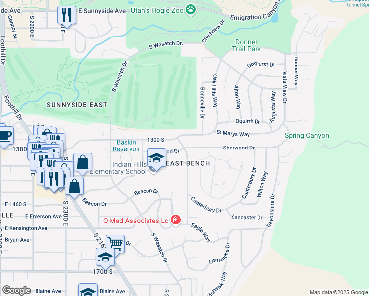 map of restaurants, bars, coffee shops, grocery stores, and more near 2568 East Sherwood Drive in Salt Lake City