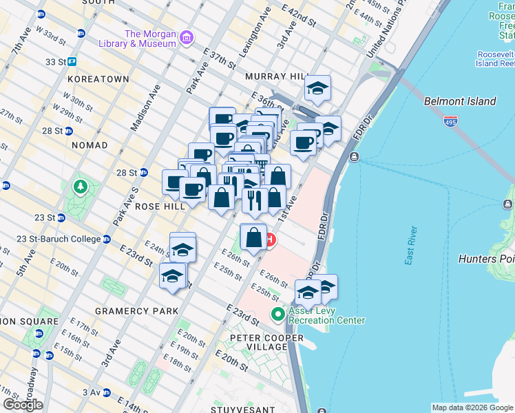 map of restaurants, bars, coffee shops, grocery stores, and more near 316 East 30th Street in New York