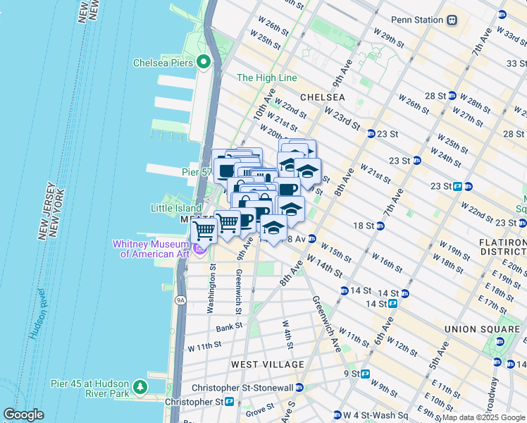 map of restaurants, bars, coffee shops, grocery stores, and more near 61 9th Avenue in New York