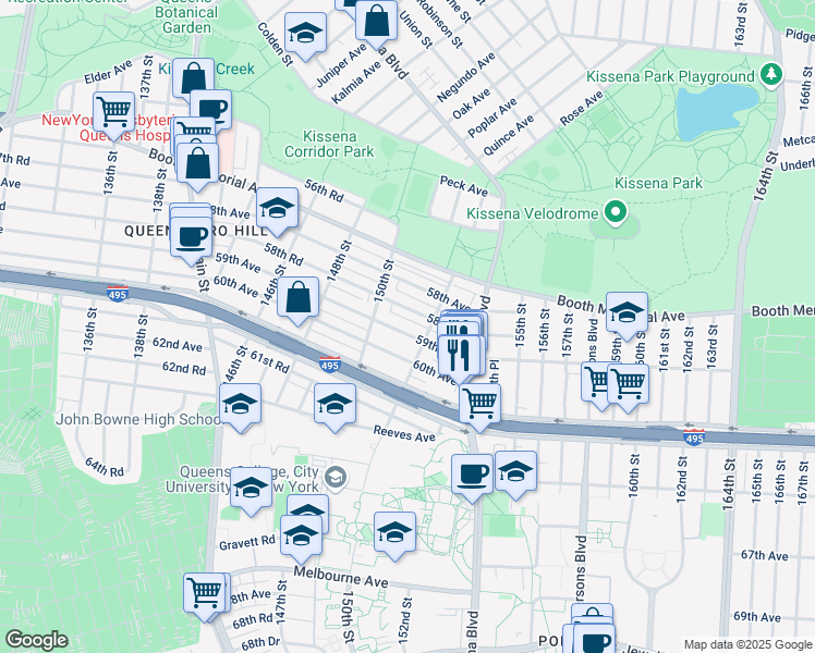 map of restaurants, bars, coffee shops, grocery stores, and more near 150-26 59th Avenue in Queens