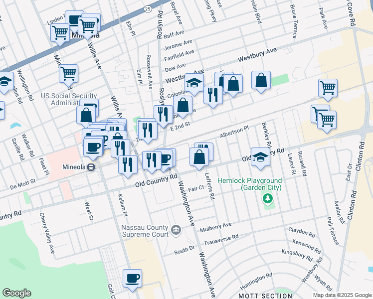 map of restaurants, bars, coffee shops, grocery stores, and more near 6 Birchwood Court in Mineola