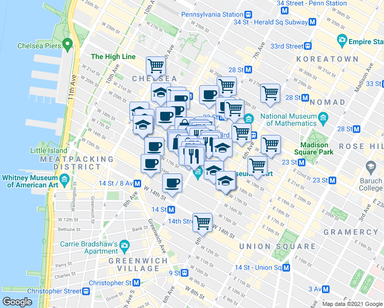 map of restaurants, bars, coffee shops, grocery stores, and more near 219 West 19th Street in New York