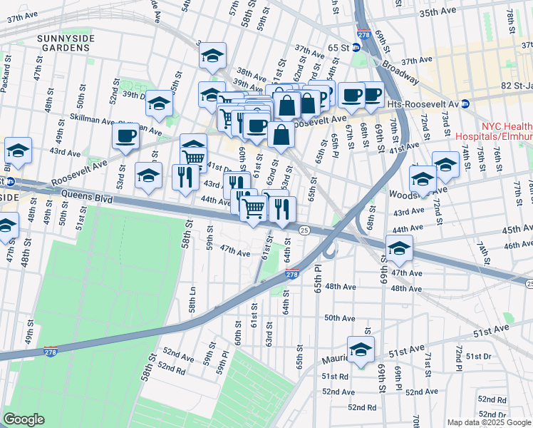 map of restaurants, bars, coffee shops, grocery stores, and more near 61-11 Queens Boulevard in Queens