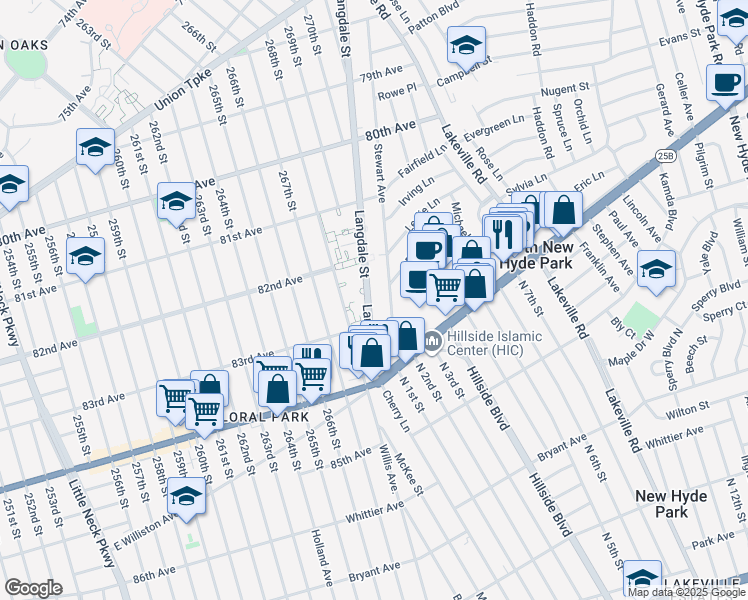 map of restaurants, bars, coffee shops, grocery stores, and more near 8258 Langdale Street in Queens
