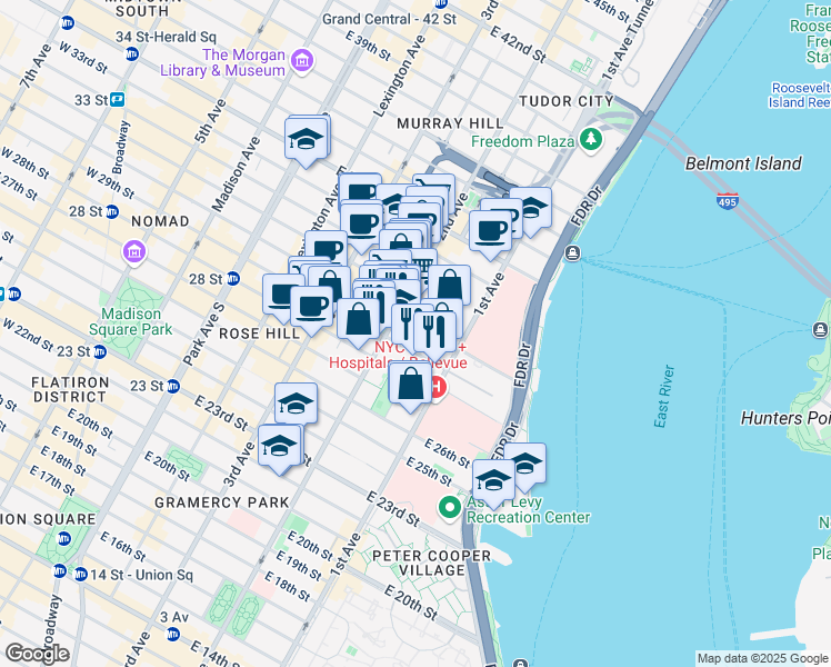 map of restaurants, bars, coffee shops, grocery stores, and more near 323 East 29th Street in New York