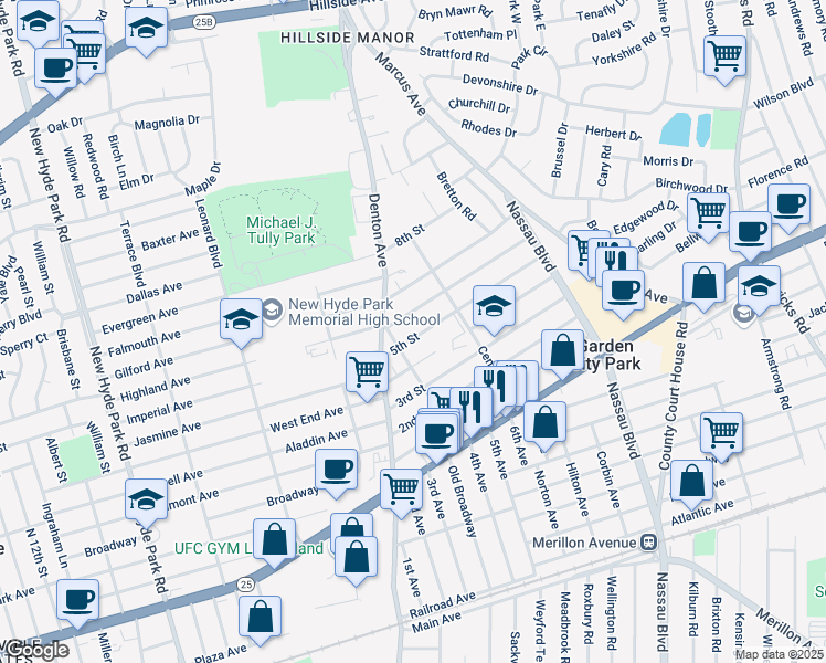 map of restaurants, bars, coffee shops, grocery stores, and more near 5 5th Street in New Hyde Park