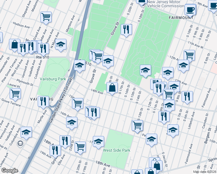 map of restaurants, bars, coffee shops, grocery stores, and more near 457 South 19th Street in Newark