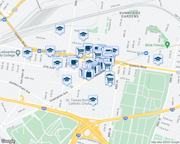 map of restaurants, bars, coffee shops, grocery stores, and more near 43-09 47th Avenue in Queens