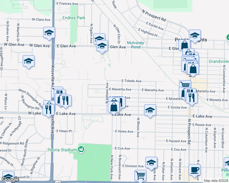 map of restaurants, bars, coffee shops, grocery stores, and more near 620 East Marietta Avenue in Peoria Heights