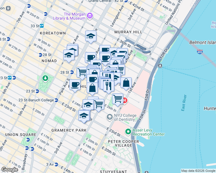 map of restaurants, bars, coffee shops, grocery stores, and more near in New York