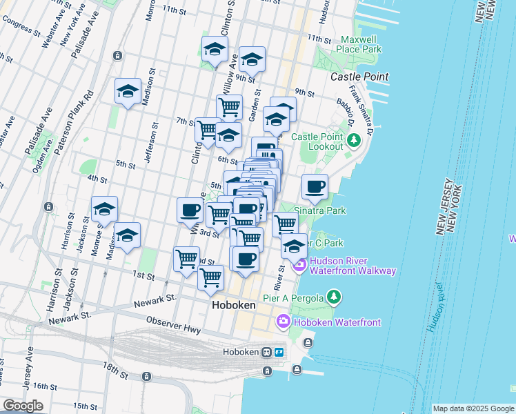 map of restaurants, bars, coffee shops, grocery stores, and more near 407 Washington Street in Hoboken