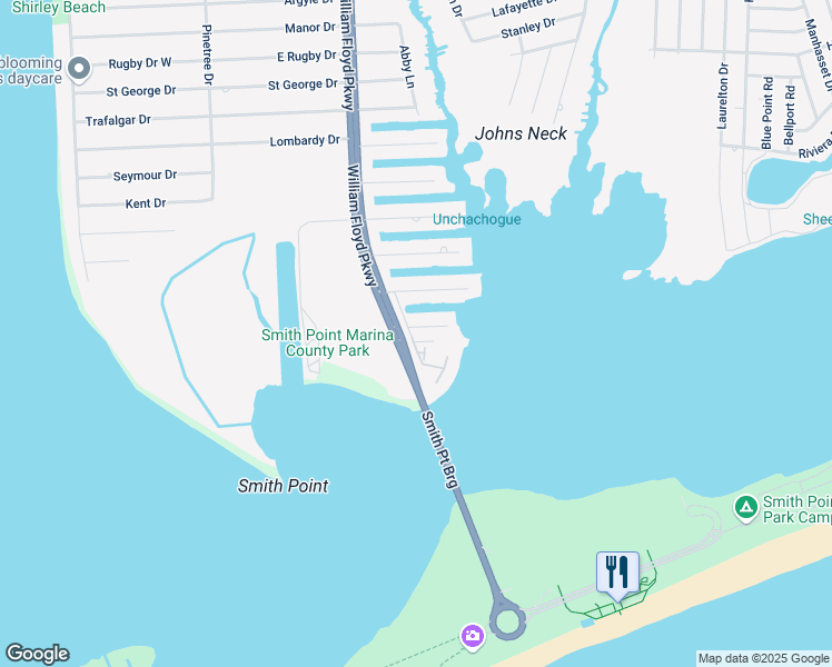 map of restaurants, bars, coffee shops, grocery stores, and more near 8 Bayfair Drive in Shirley